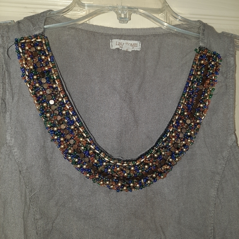 Lina Tomei Womens Dress Size S Gray Linen Stretch Beaded Neckline summer - Picture 3 of 8